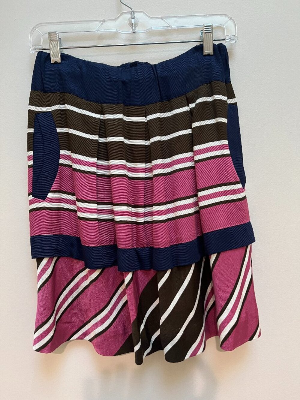 Anthropologie Maeve Striped Tiered Bubble Skirt Size 2 Navy Pink Brown